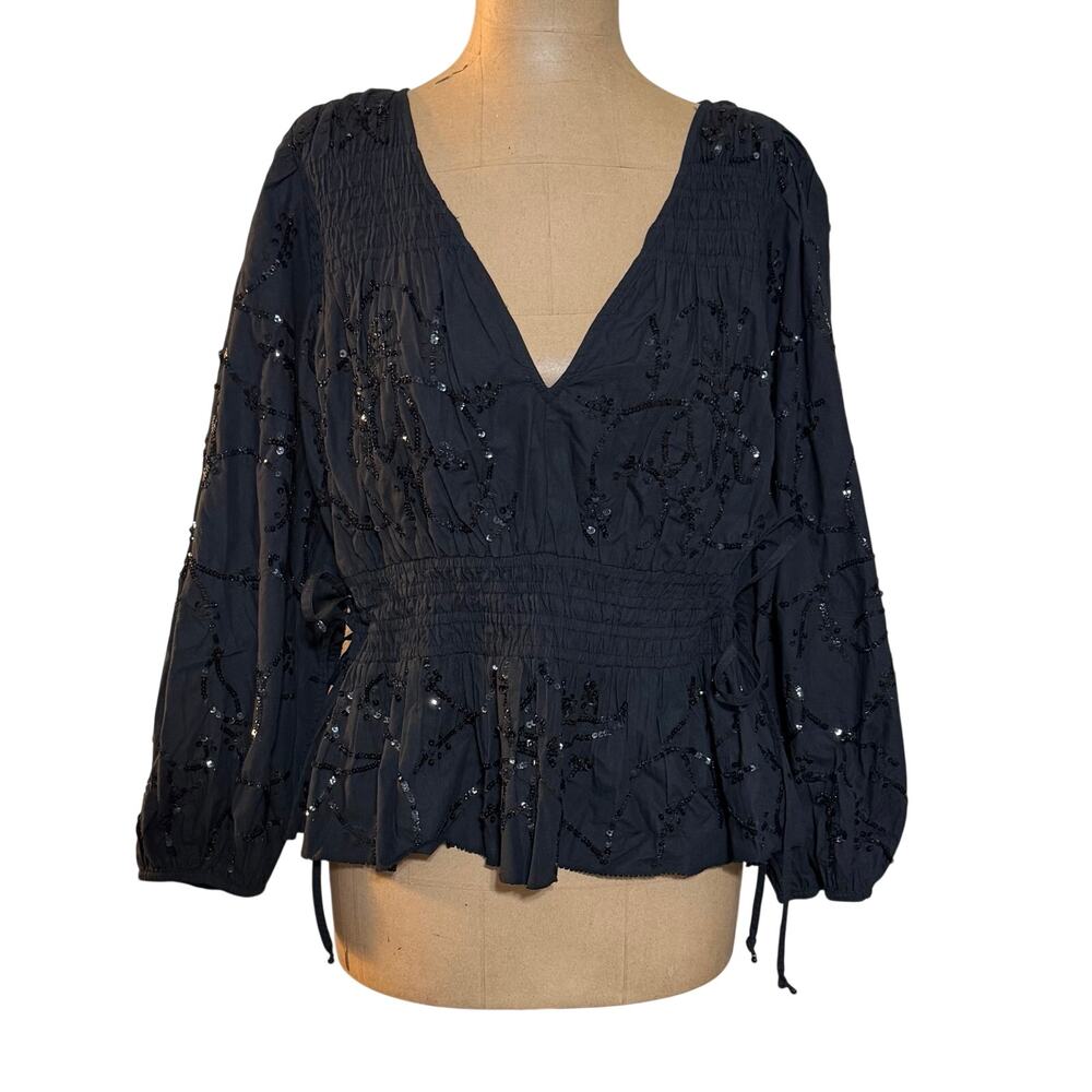 Love the Label Blouse Black Cotton V-neck Sequin Detail 3/4 Sleeve size Large